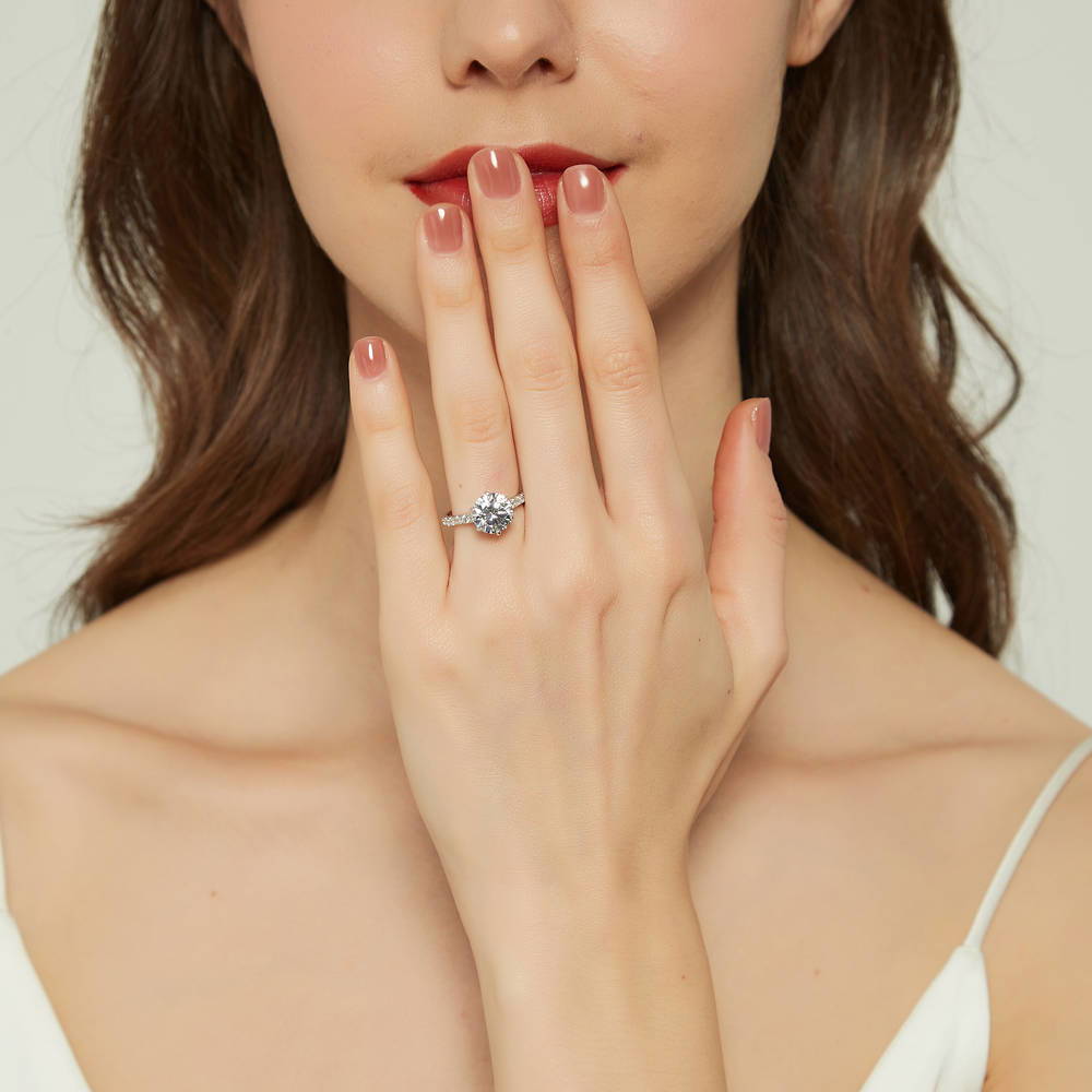Model wearing Solitaire 2.7ct Round CZ Ring in Sterling Silver, 2 of 9