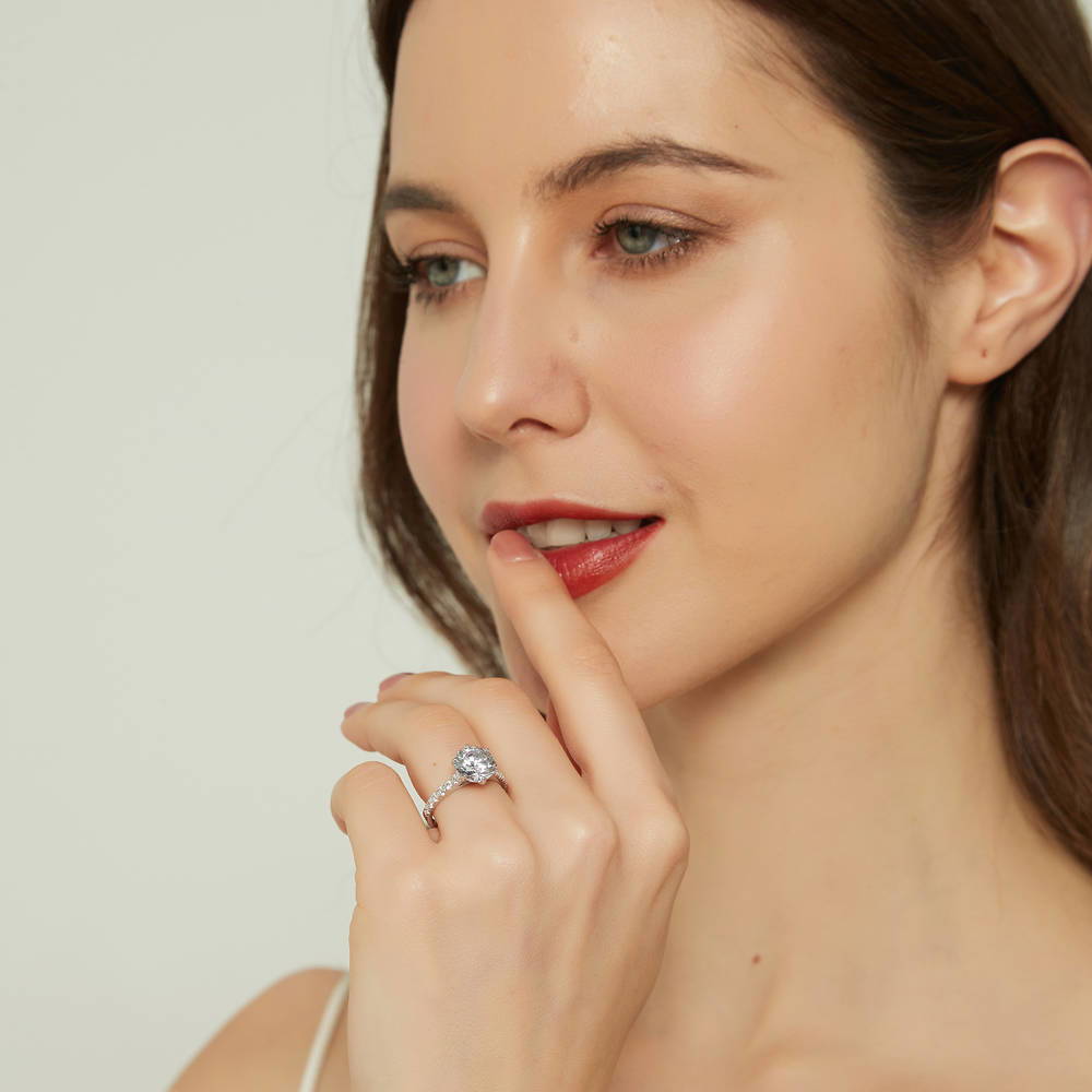 Model wearing Solitaire 2.7ct Round CZ Ring in Sterling Silver, 3 of 9