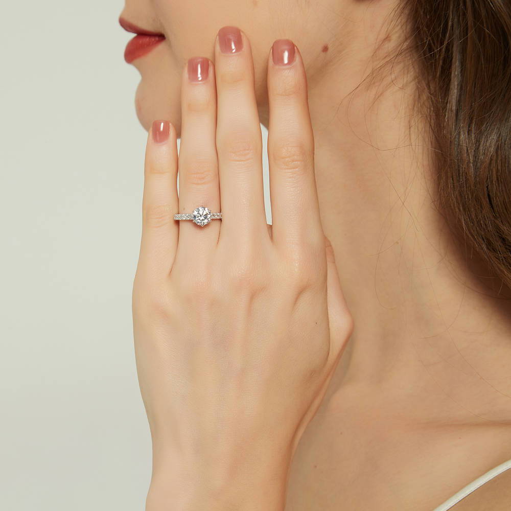 Model wearing Solitaire 1.25ct Round CZ Ring Set in Sterling Silver, 5 of 14