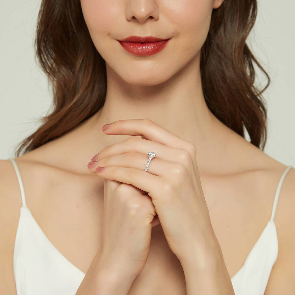 Model wearing Solitaire 1.25ct Round CZ Ring Set in Sterling Silver, 11 of 14