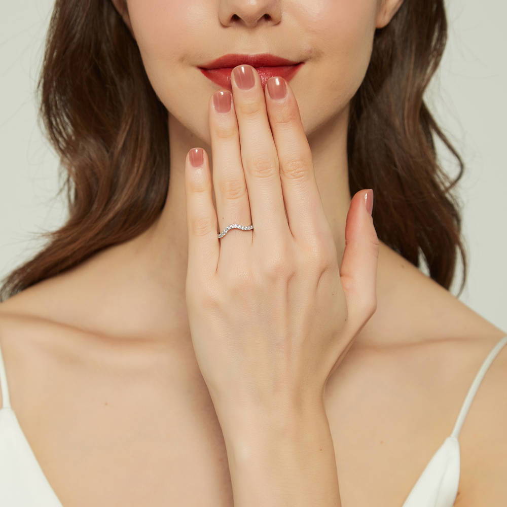 Model wearing Wishbone CZ Curved Half Eternity Ring in Sterling Silver