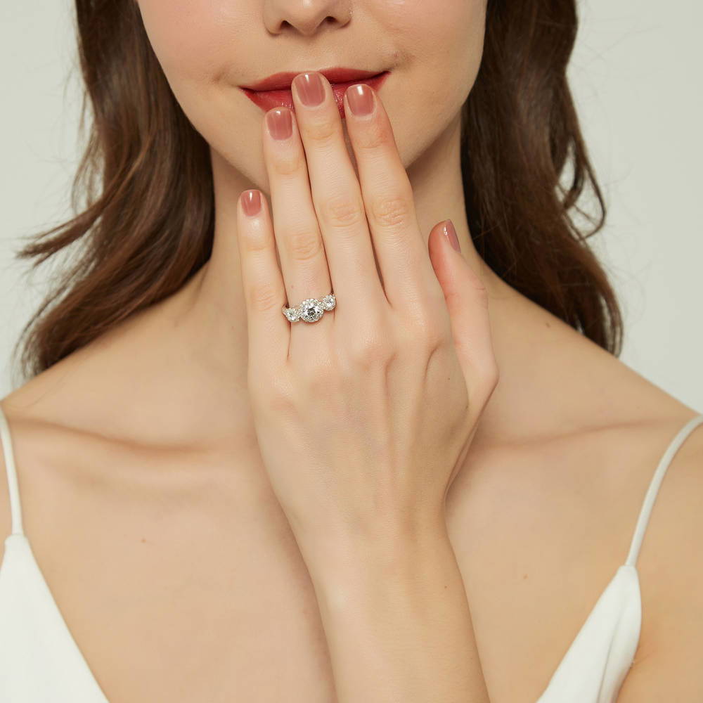 Model wearing 3-Stone Round CZ Ring in Sterling Silver