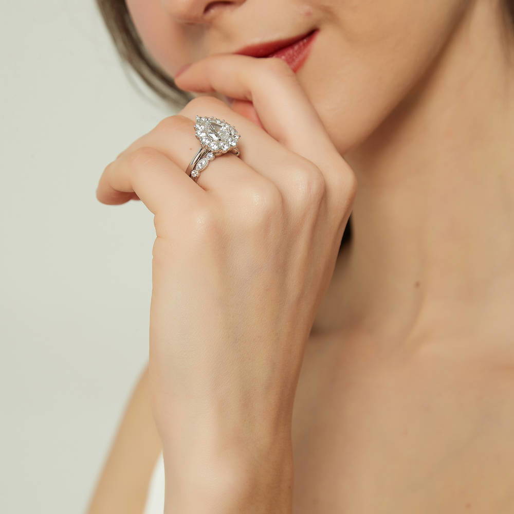 Model wearing Halo Pear CZ Ring Set in Sterling Silver, 5 of 19