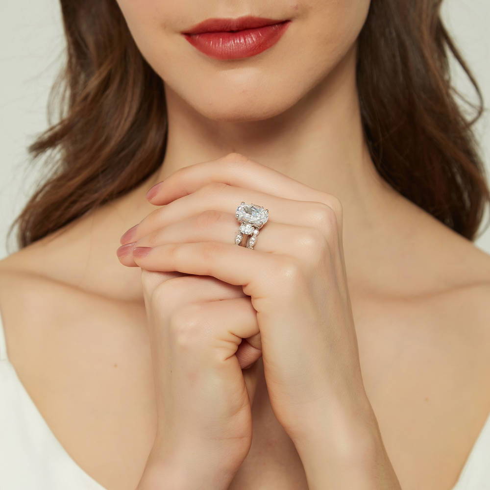 Model wearing 3-Stone Oval CZ Ring Set in Sterling Silver, 6 of 19