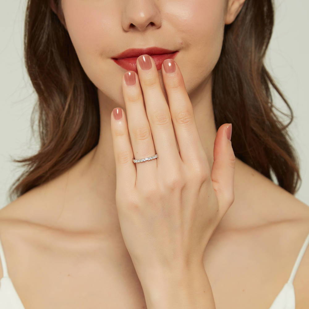 Model wearing Solitaire Art Deco 2.1ct Emerald Cut CZ Ring Set in Sterling Silver, 13 of 17