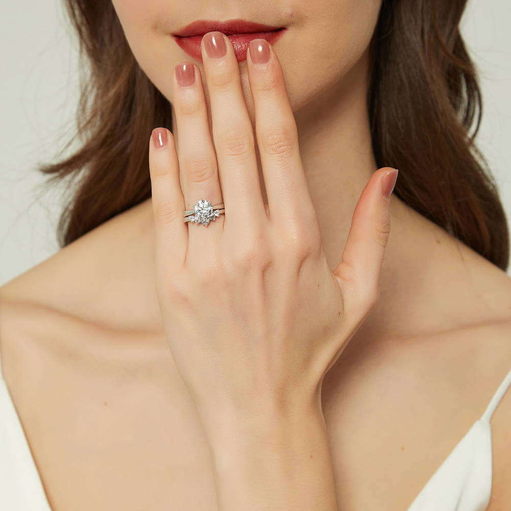 Model wearing 5-Stone Solitaire CZ Ring Set in Sterling Silver