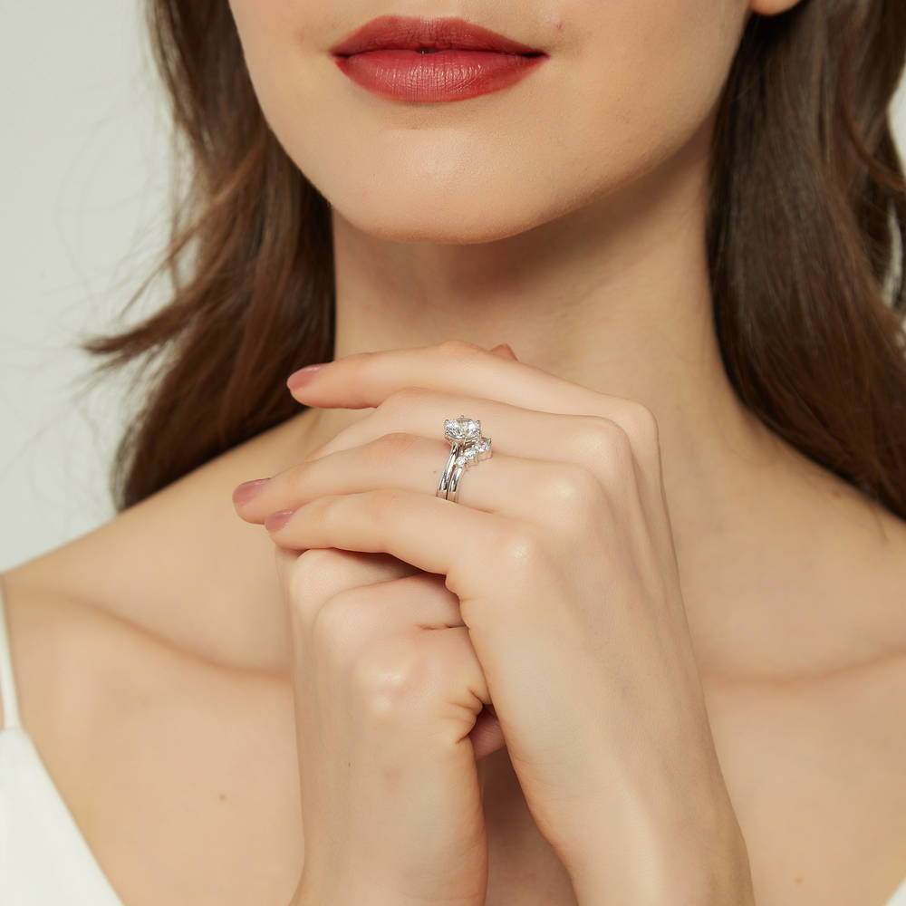 Model wearing 5-Stone Solitaire CZ Ring Set in Sterling Silver