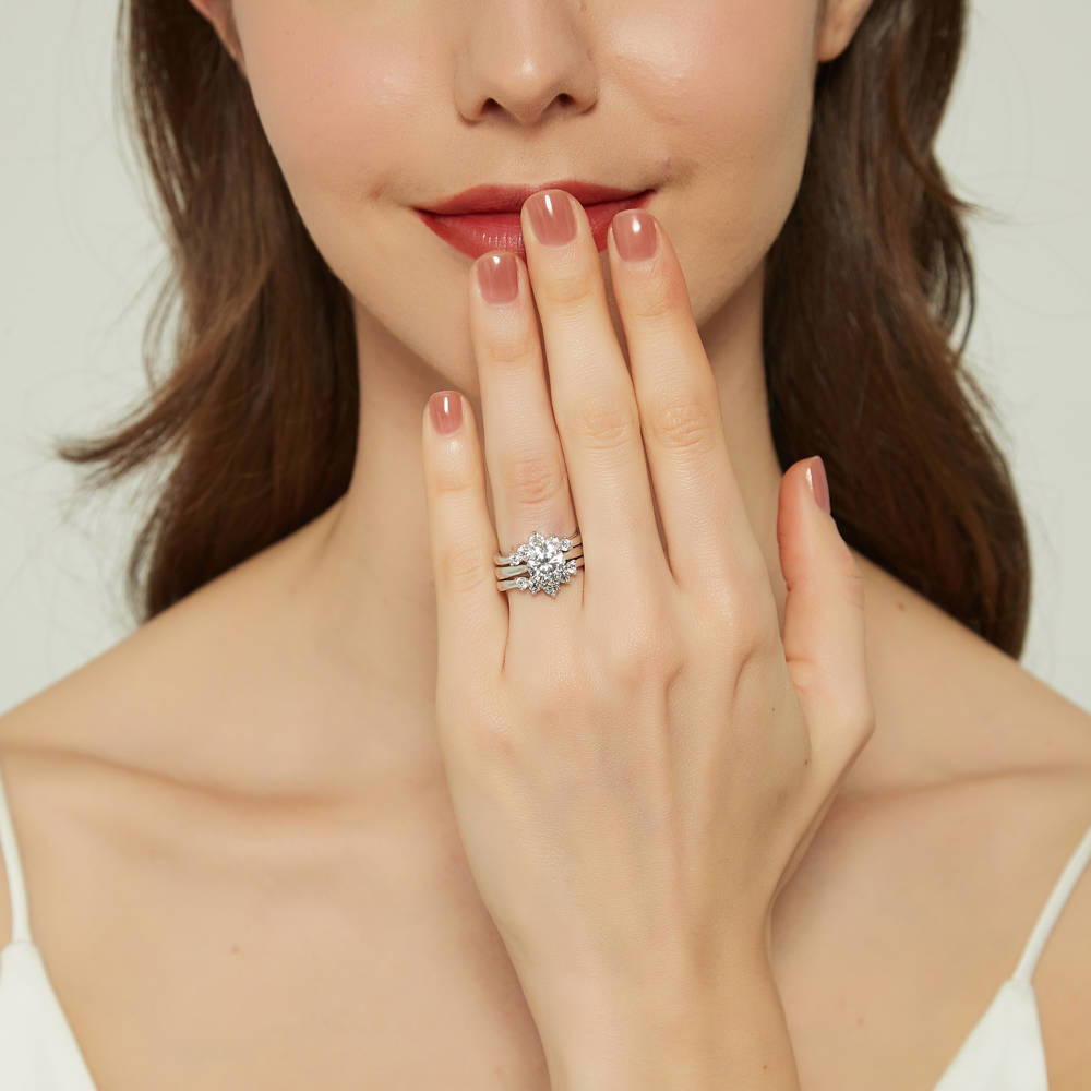 Model wearing 5-Stone Solitaire CZ Ring Set in Sterling Silver, 2 of 19