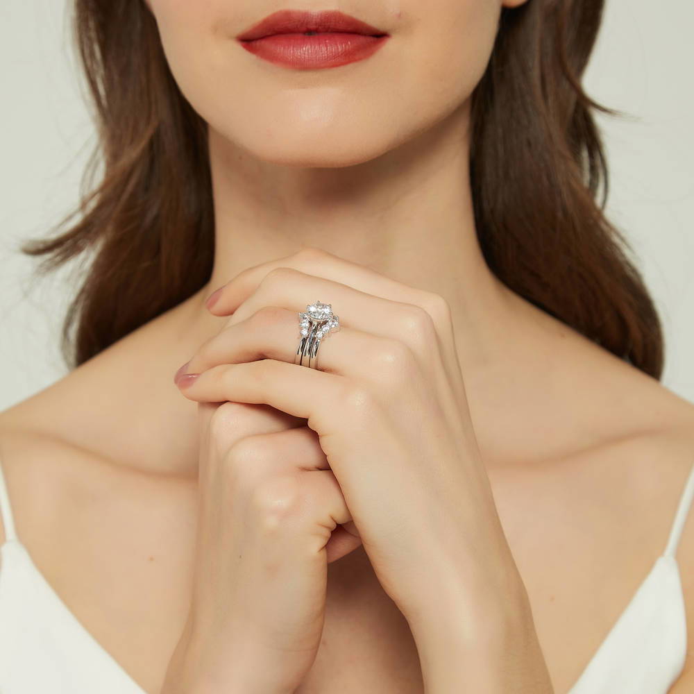 Model wearing 5-Stone Solitaire CZ Ring Set in Sterling Silver, 6 of 19