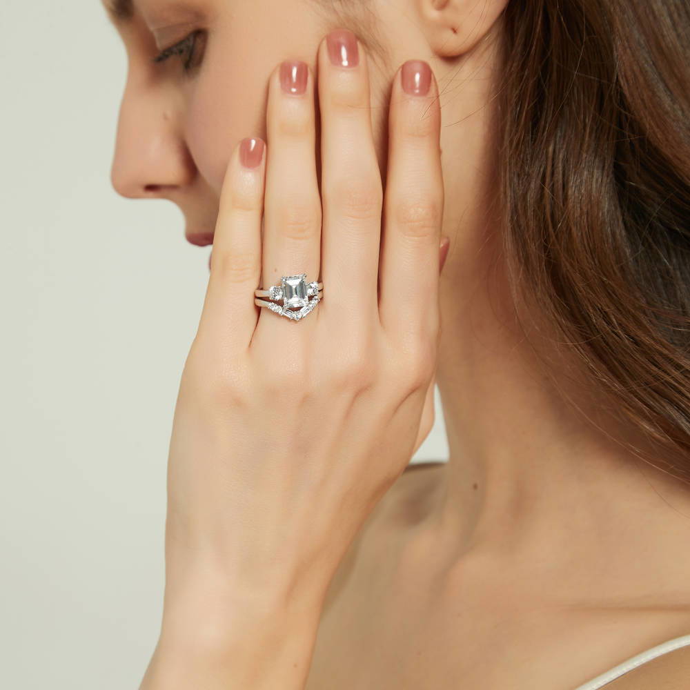 3-Stone 2.6ct Emerald Cut CZ Ring in Sterling Silver