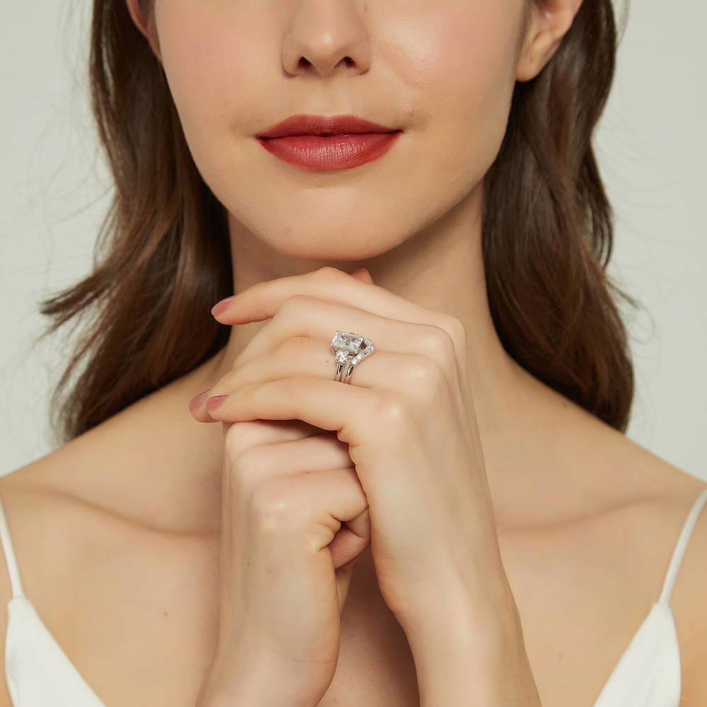Model wearing 3-Stone 7-Stone Emerald Cut CZ Ring Set in Sterling Silver, 7 of 18