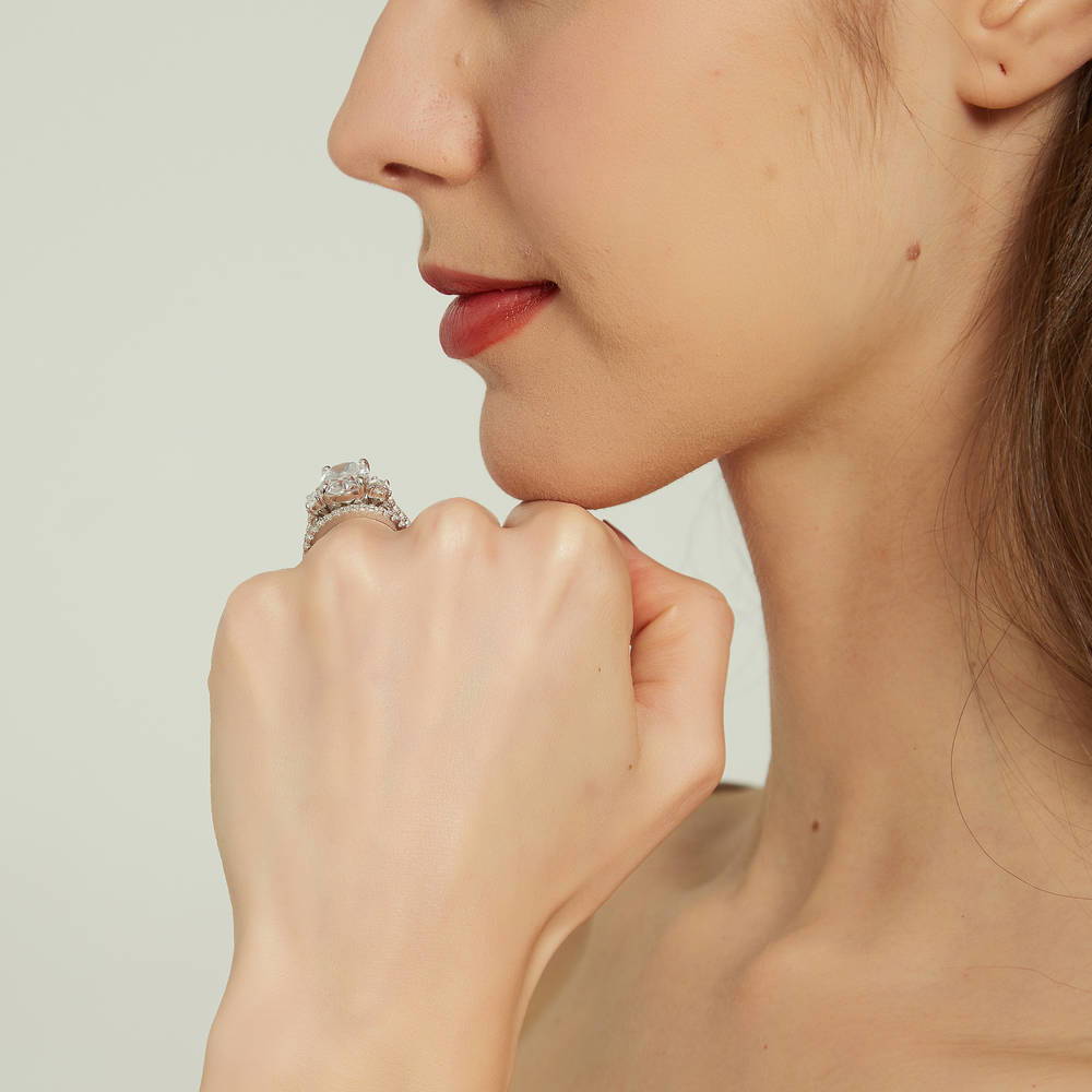 Model wearing 3-Stone Oval CZ Ring Set in Sterling Silver, 8 of 16