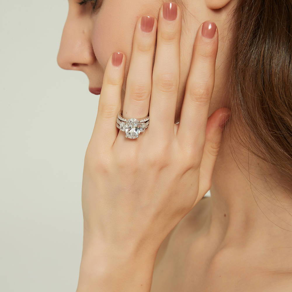 Model wearing 3-Stone Oval CZ Ring Set in Sterling Silver, 5 of 16