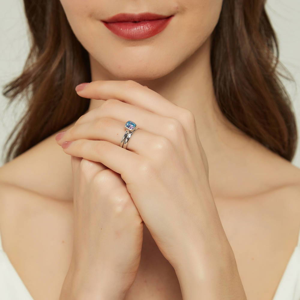 Kaleidoscope Purple Aqua Bezel Set CZ Ring Set in Sterling Silver