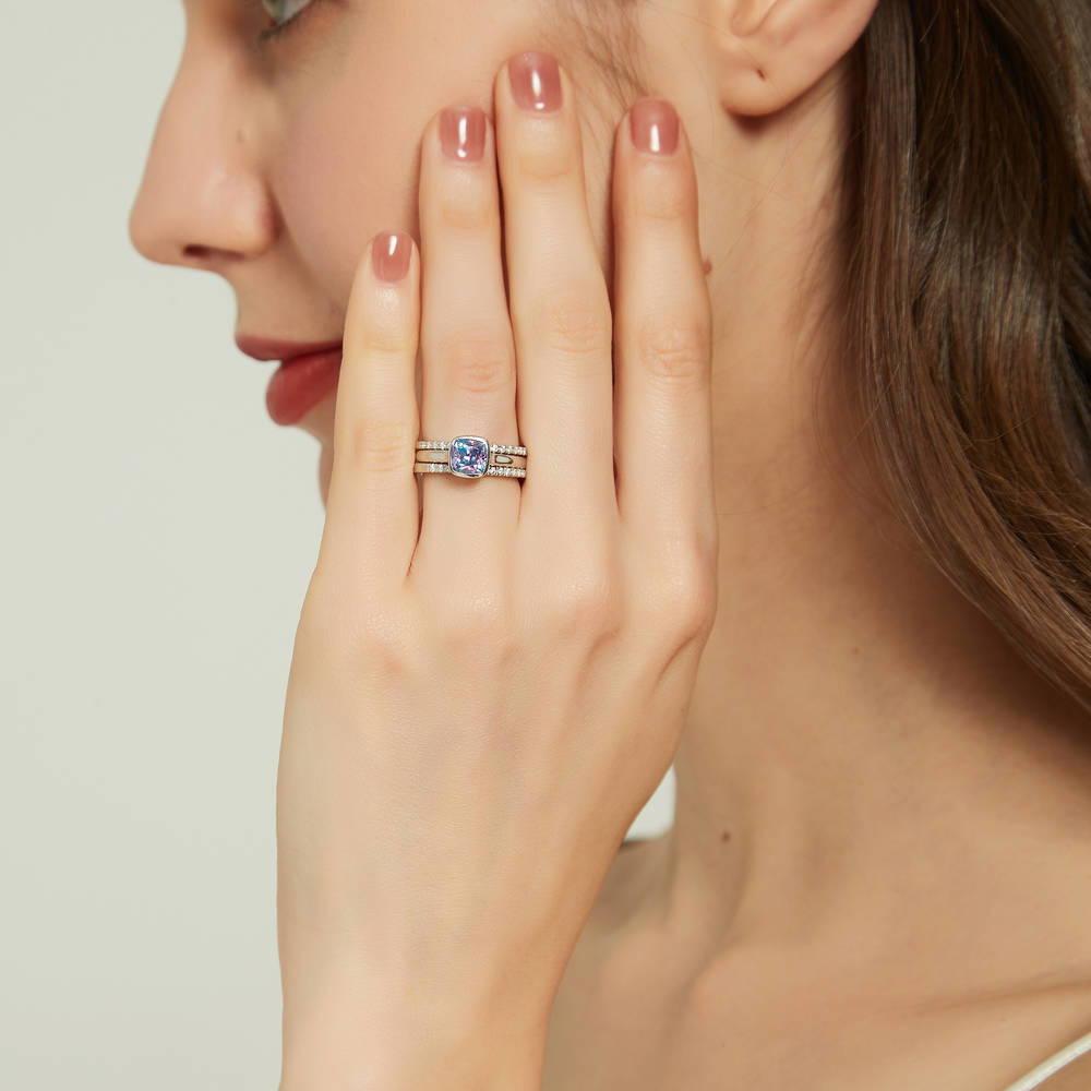Kaleidoscope Purple Aqua Bezel Set CZ Ring Set in Sterling Silver