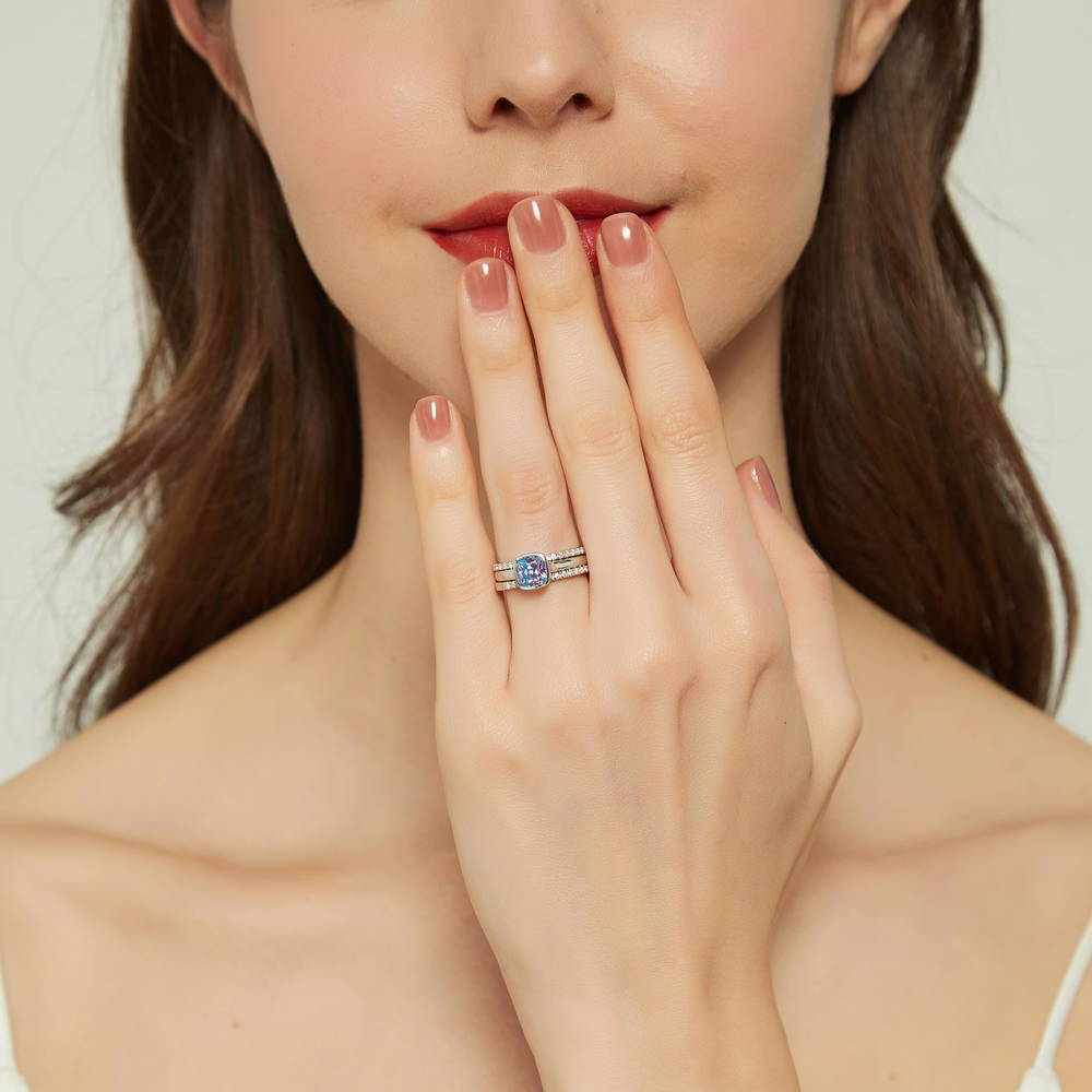 Kaleidoscope Purple Aqua Bezel Set CZ Ring Set in Sterling Silver
