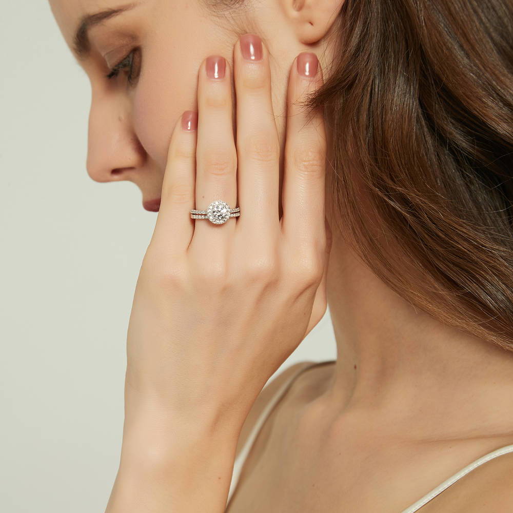 Halo Round CZ Ring Set in Sterling Silver