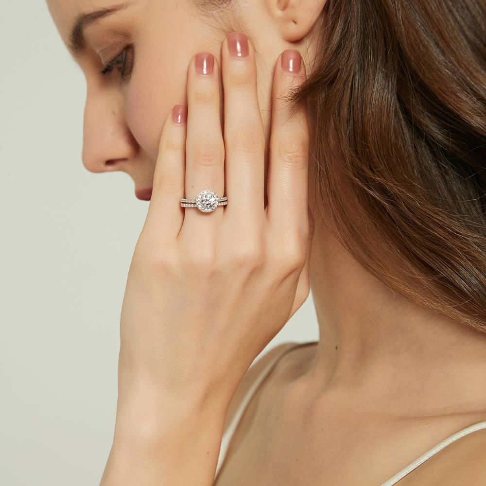 Model wearing Halo Round CZ Ring Set in Sterling Silver, 3 of 16