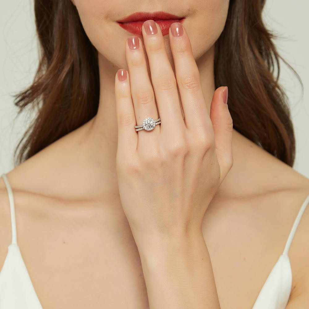 Halo Round CZ Ring Set in Sterling Silver