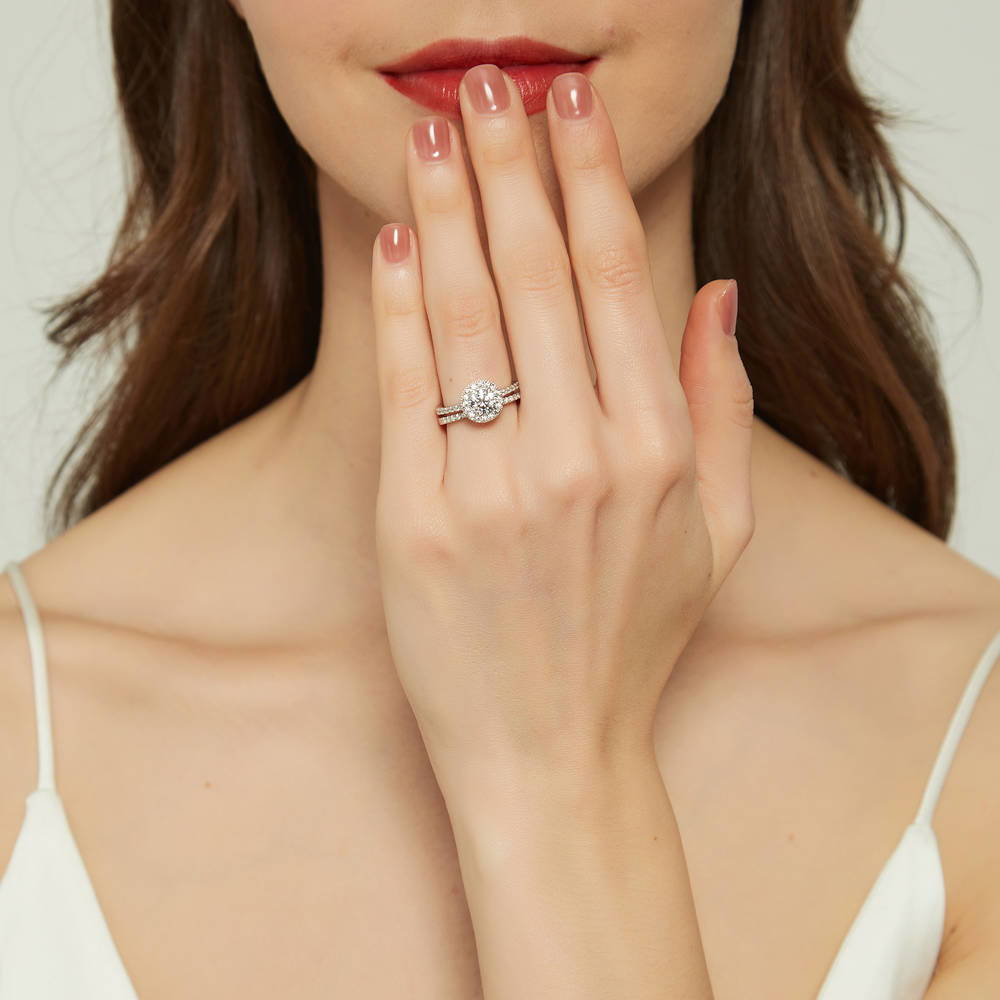 Model wearing Halo Round CZ Ring Set in Sterling Silver, 2 of 16