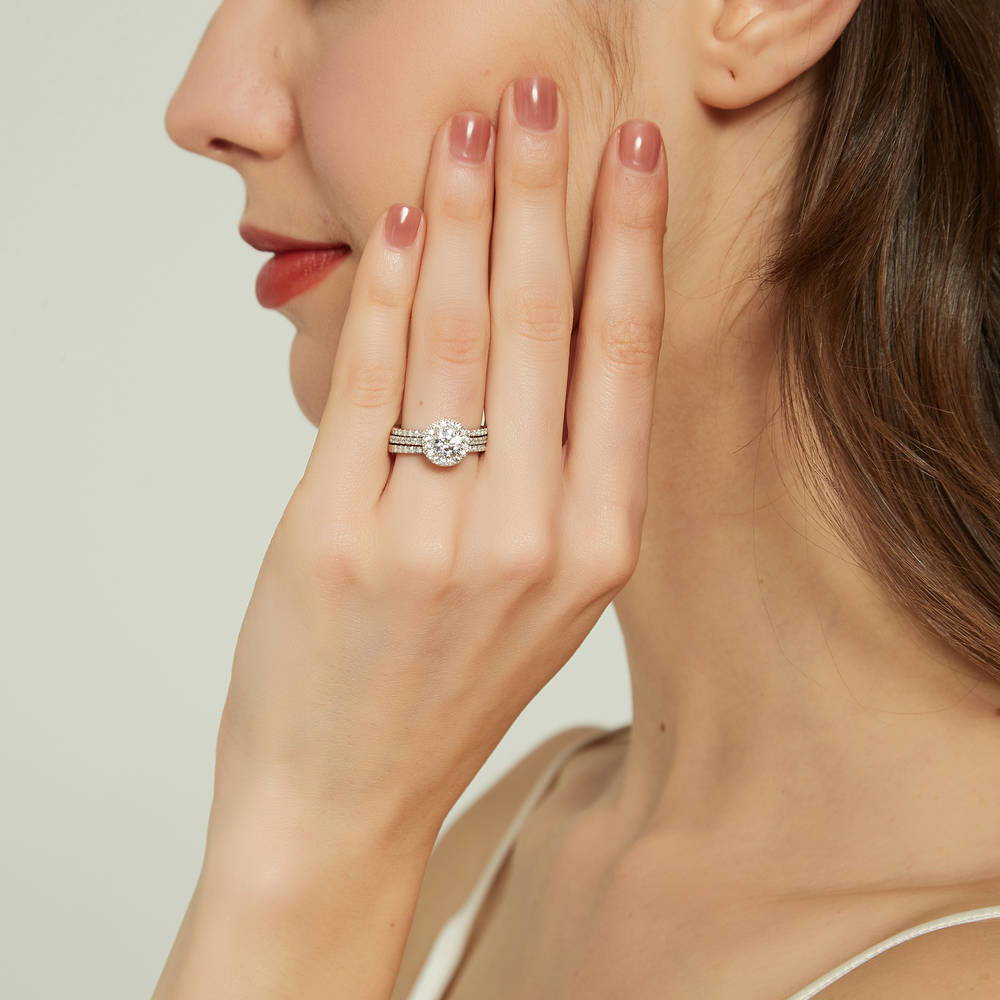 Model wearing Halo Round CZ Ring Set in Sterling Silver