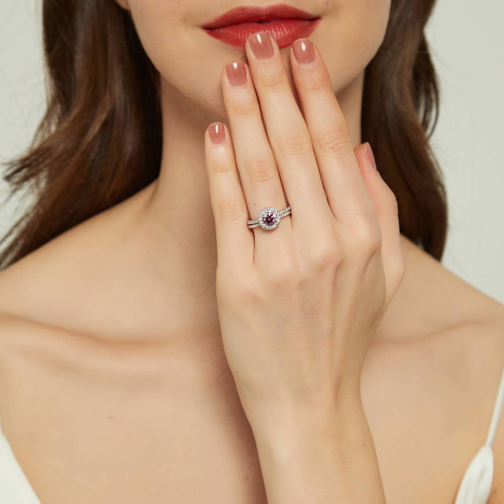 Model wearing Halo Purple Round CZ Ring Set in Sterling Silver