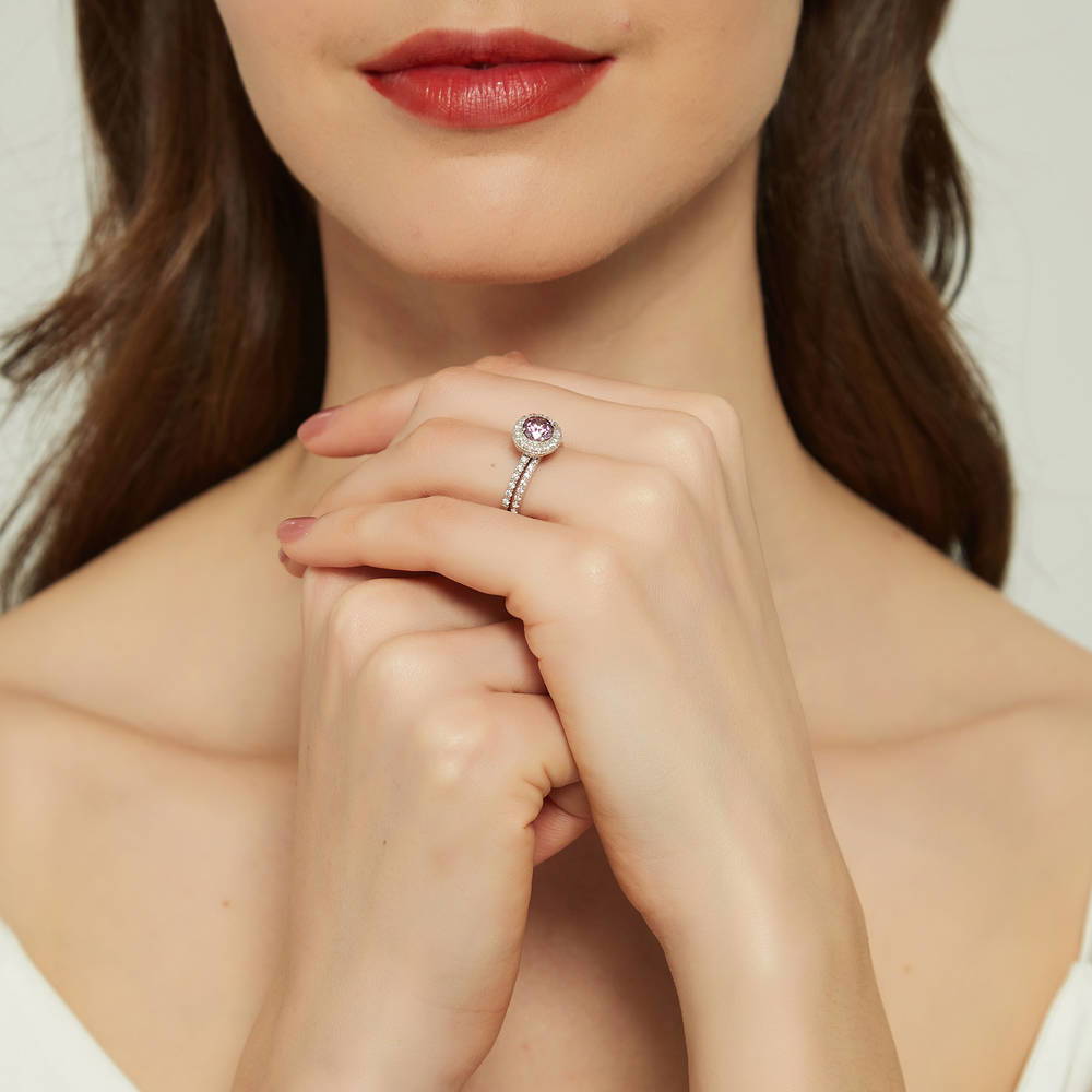 Model wearing Halo Purple Round CZ Ring Set in Sterling Silver