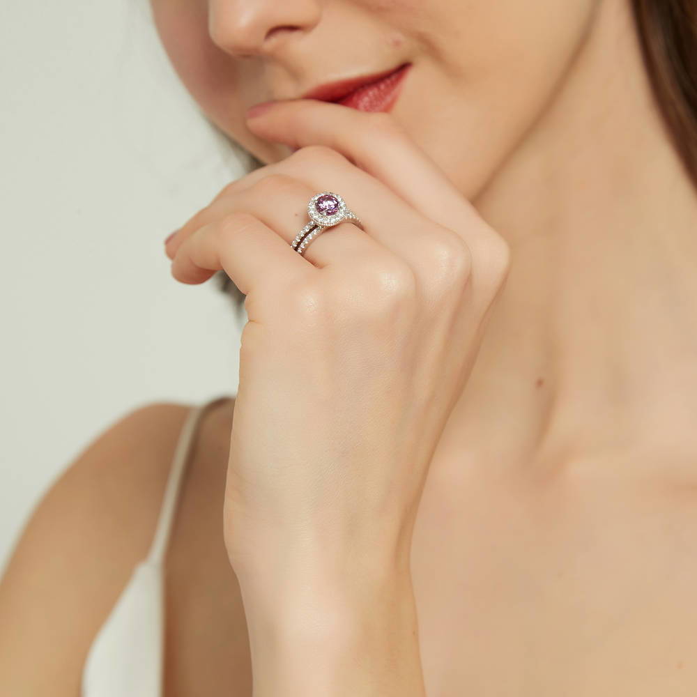 Model wearing Halo Purple Round CZ Ring Set in Sterling Silver