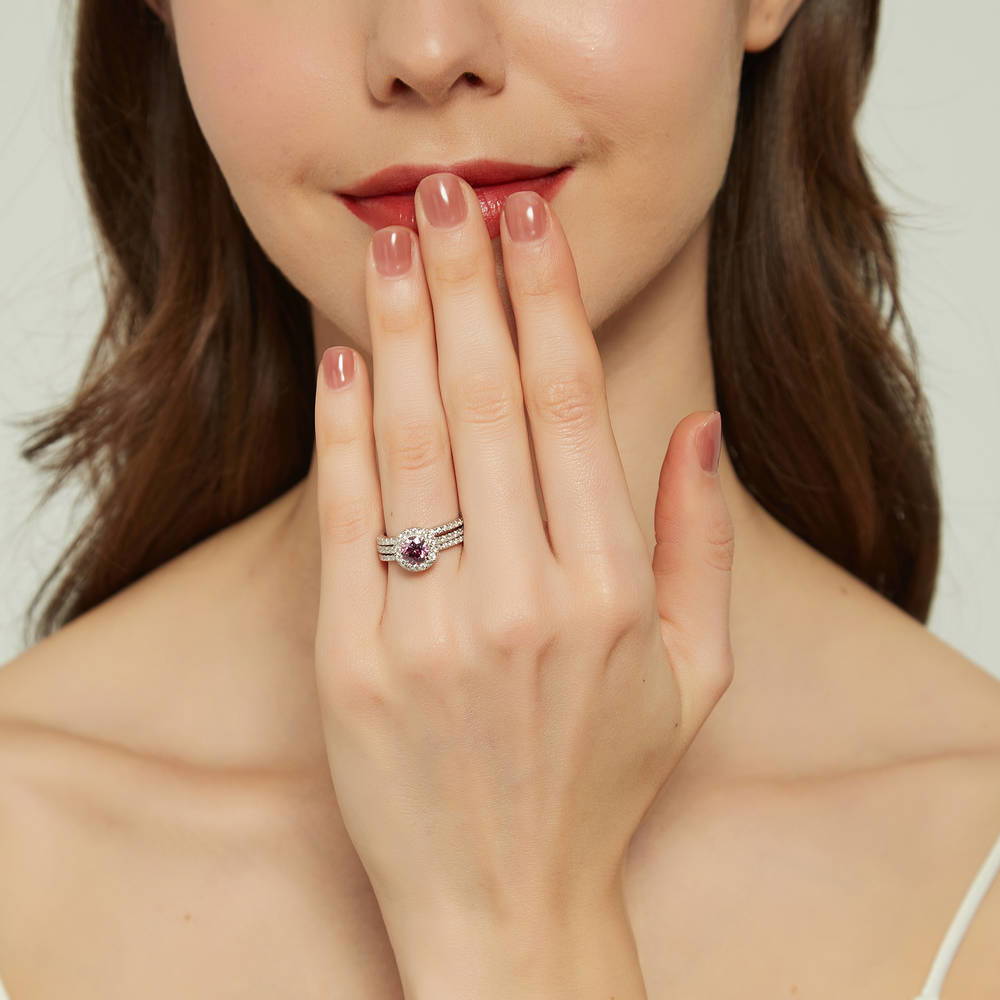 Model wearing Halo Purple Round CZ Ring Set in Sterling Silver