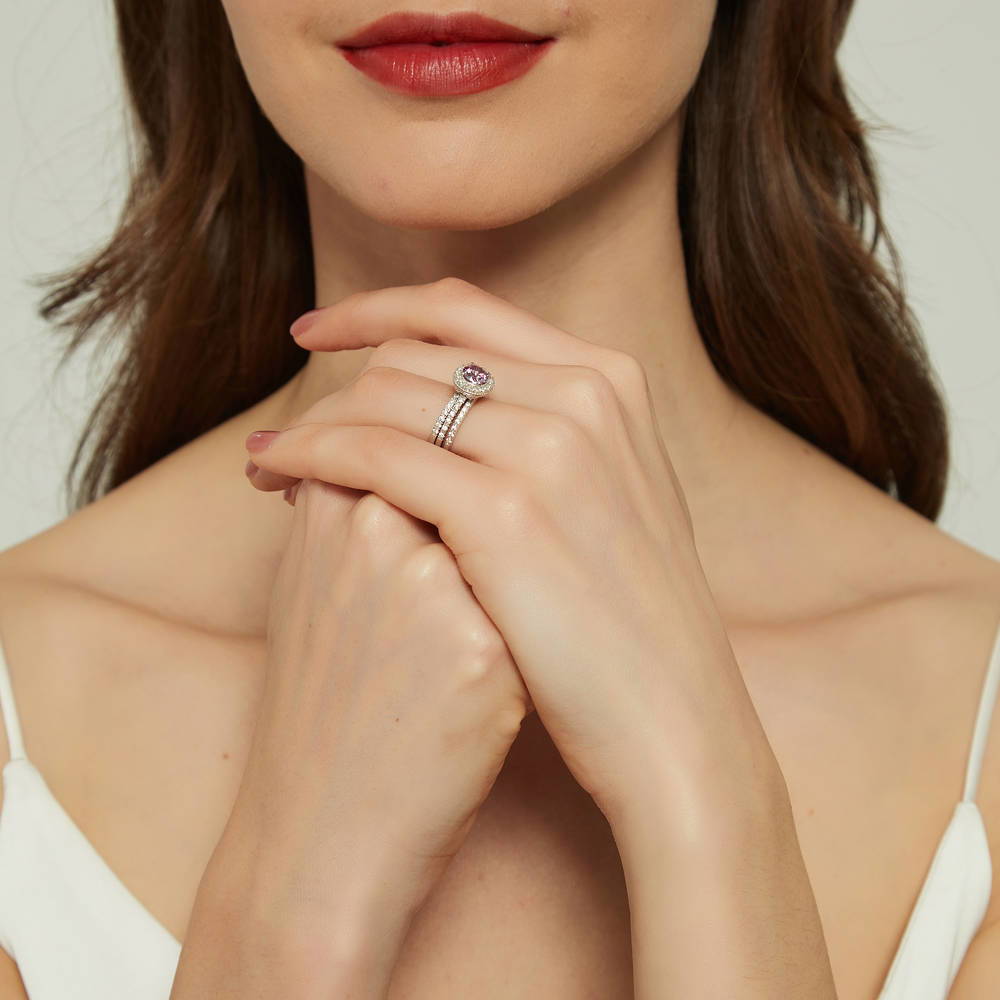 Model wearing Halo Purple Round CZ Ring Set in Sterling Silver