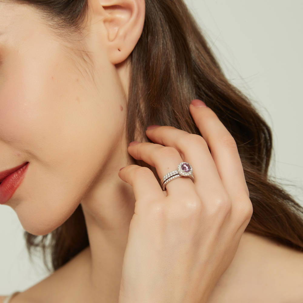 Model wearing Halo Purple Round CZ Ring Set in Sterling Silver