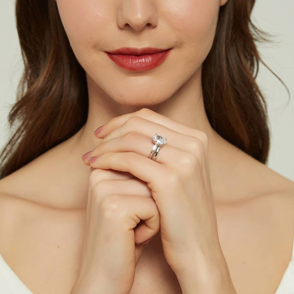 Model wearing 3-Stone Oval CZ Ring Set in Sterling Silver, 6 of 14