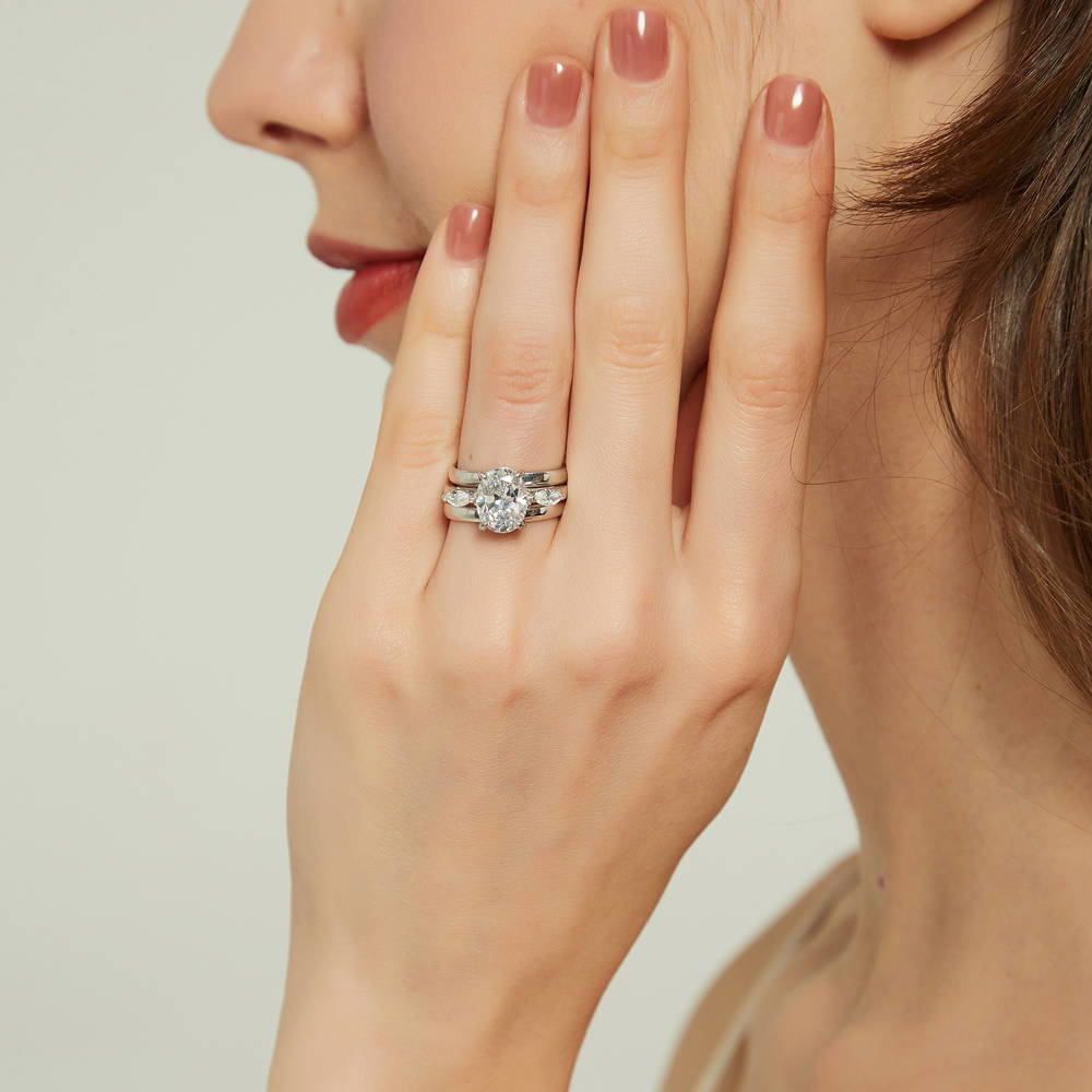 Model wearing 3-Stone Oval CZ Ring Set in Sterling Silver, 2 of 14
