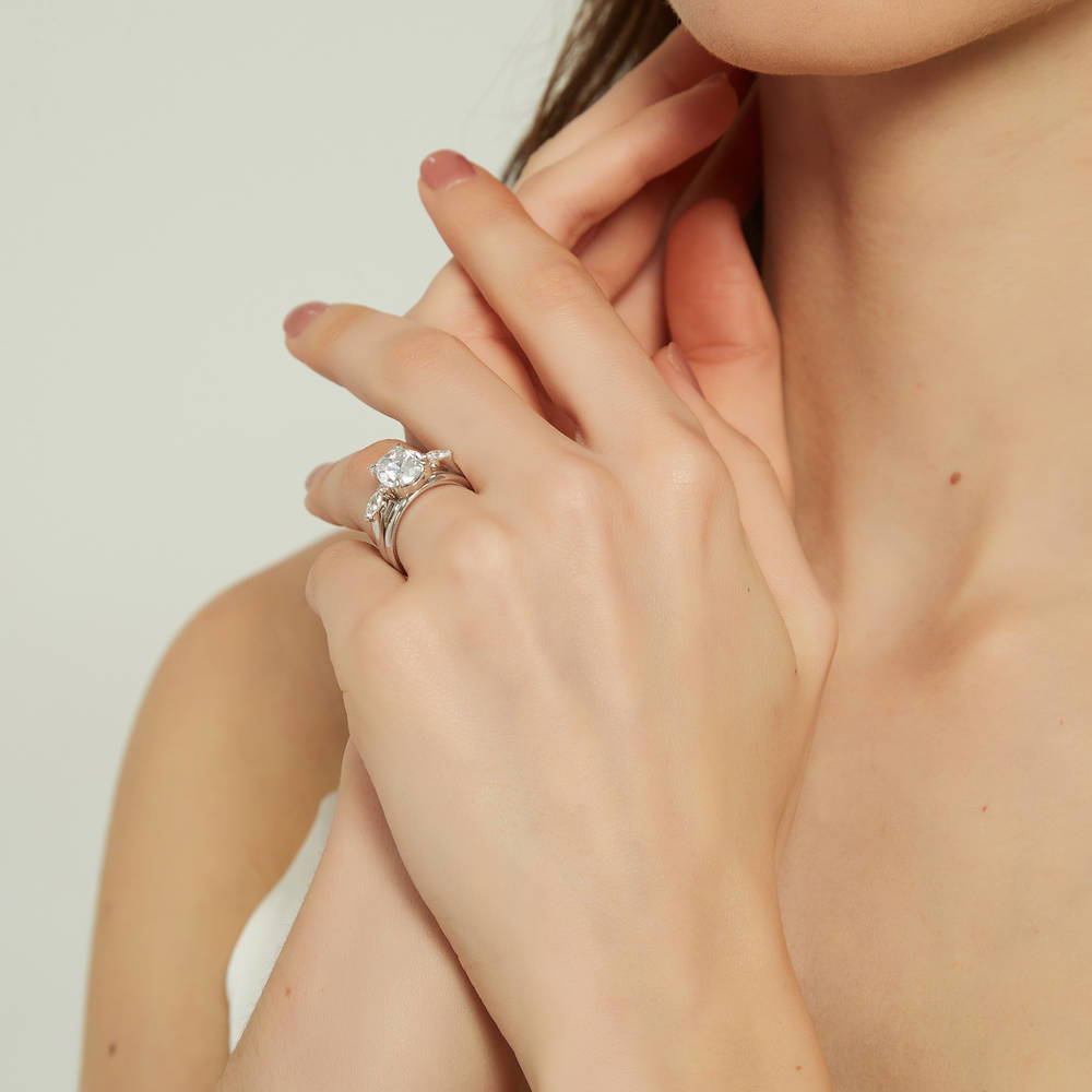 Model wearing 3-Stone Oval CZ Ring Set in Sterling Silver, 3 of 14