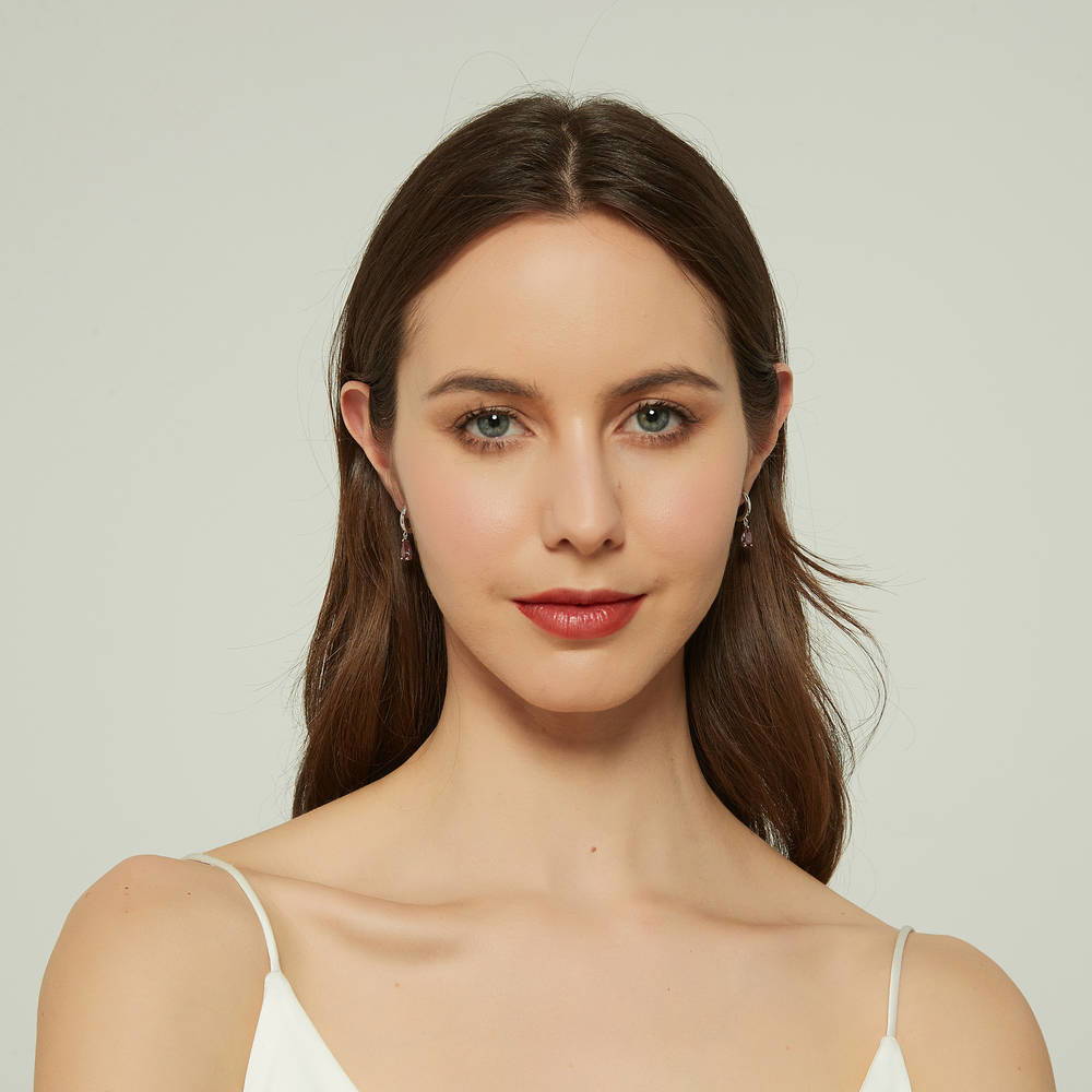 Solitaire Red Pear CZ Dangle Earrings in Sterling Silver 1.6ct