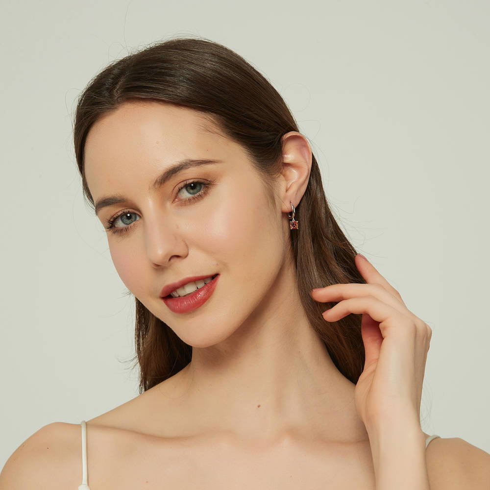 Kaleidoscope Solitaire Red Orange CZ Dangle Earrings in Sterling Silver