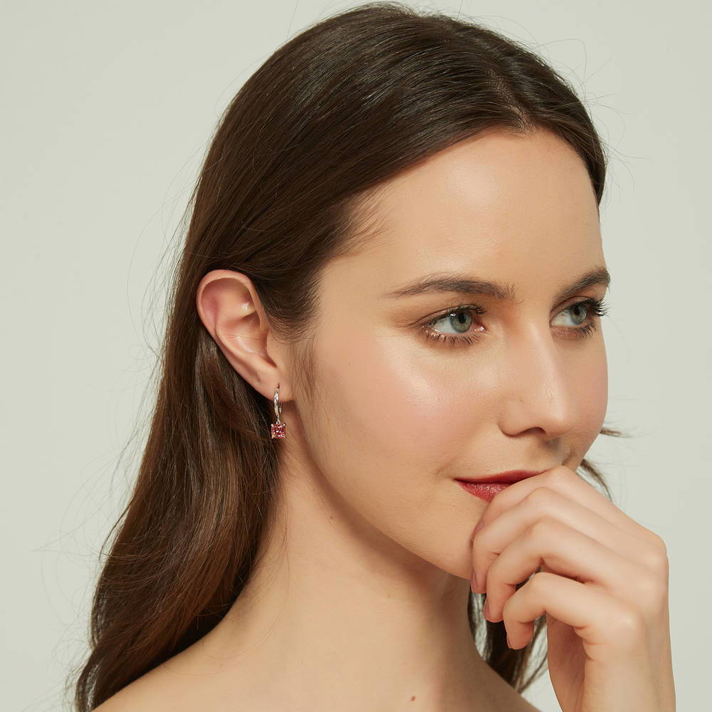 Kaleidoscope Solitaire Red Orange CZ Dangle Earrings in Sterling Silver
