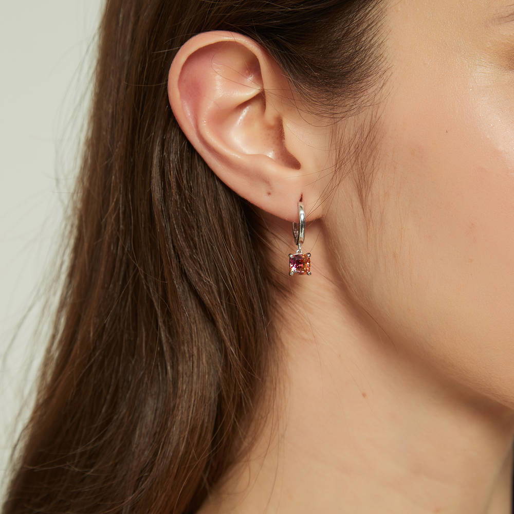 Kaleidoscope Solitaire Red Orange CZ Dangle Earrings in Sterling Silver