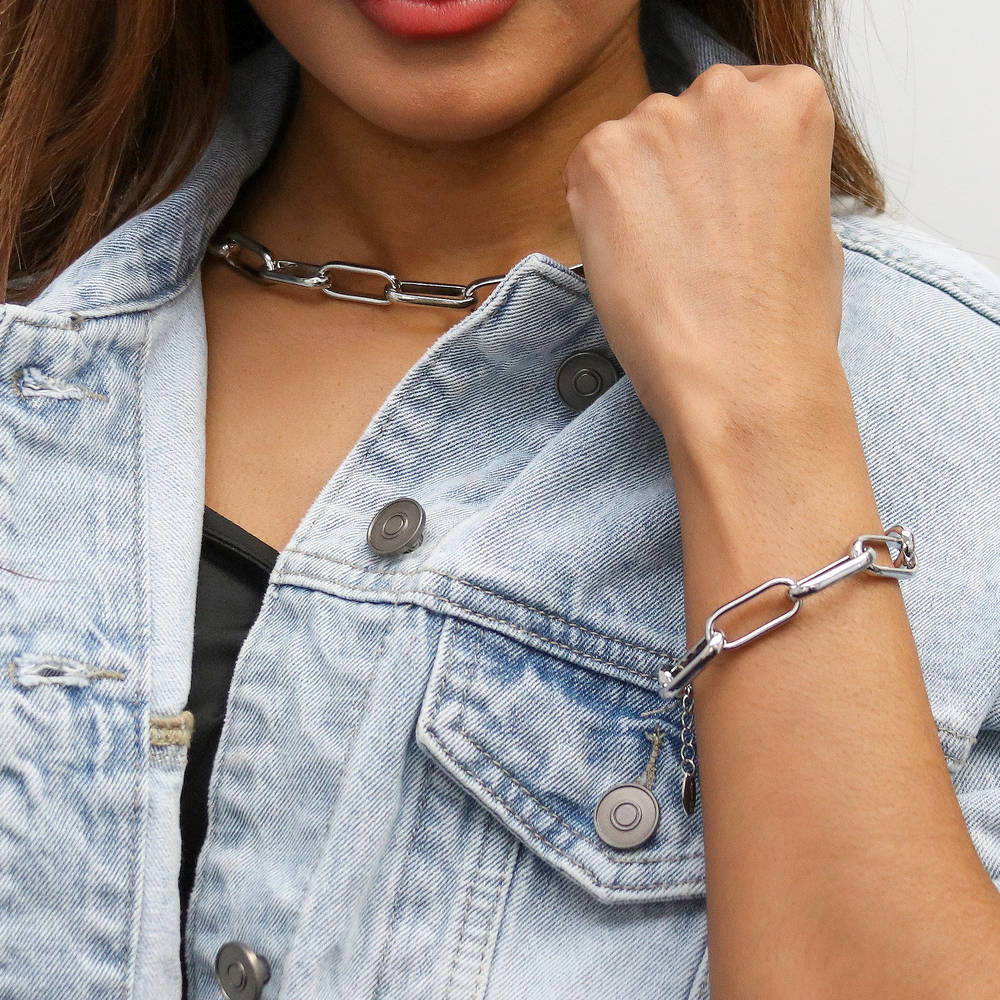 Model wearing Paperclip Statement Link Bracelet in Silver-Tone