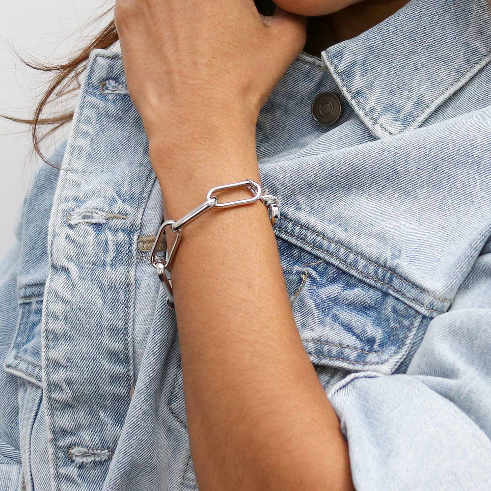 Model wearing Paperclip Statement Link Bracelet in Silver-Tone