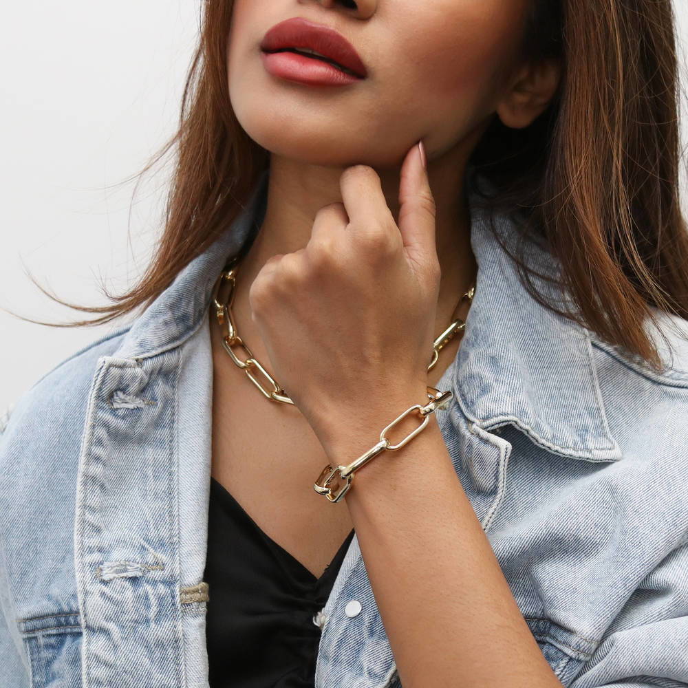 Model wearing Paperclip Statement Link Bracelet in Gold-Tone