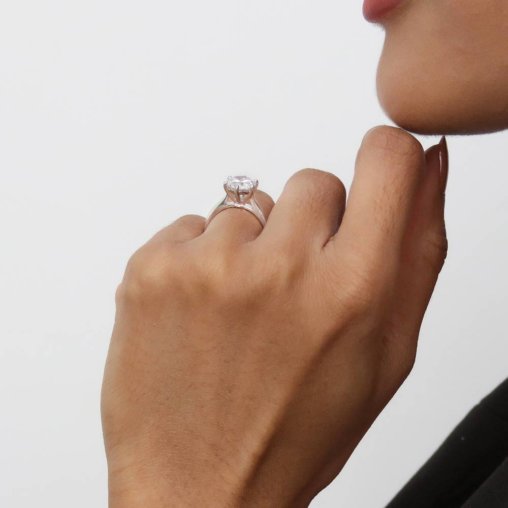 Model wearing Solitaire 2ct Round CZ Ring in Sterling Silver