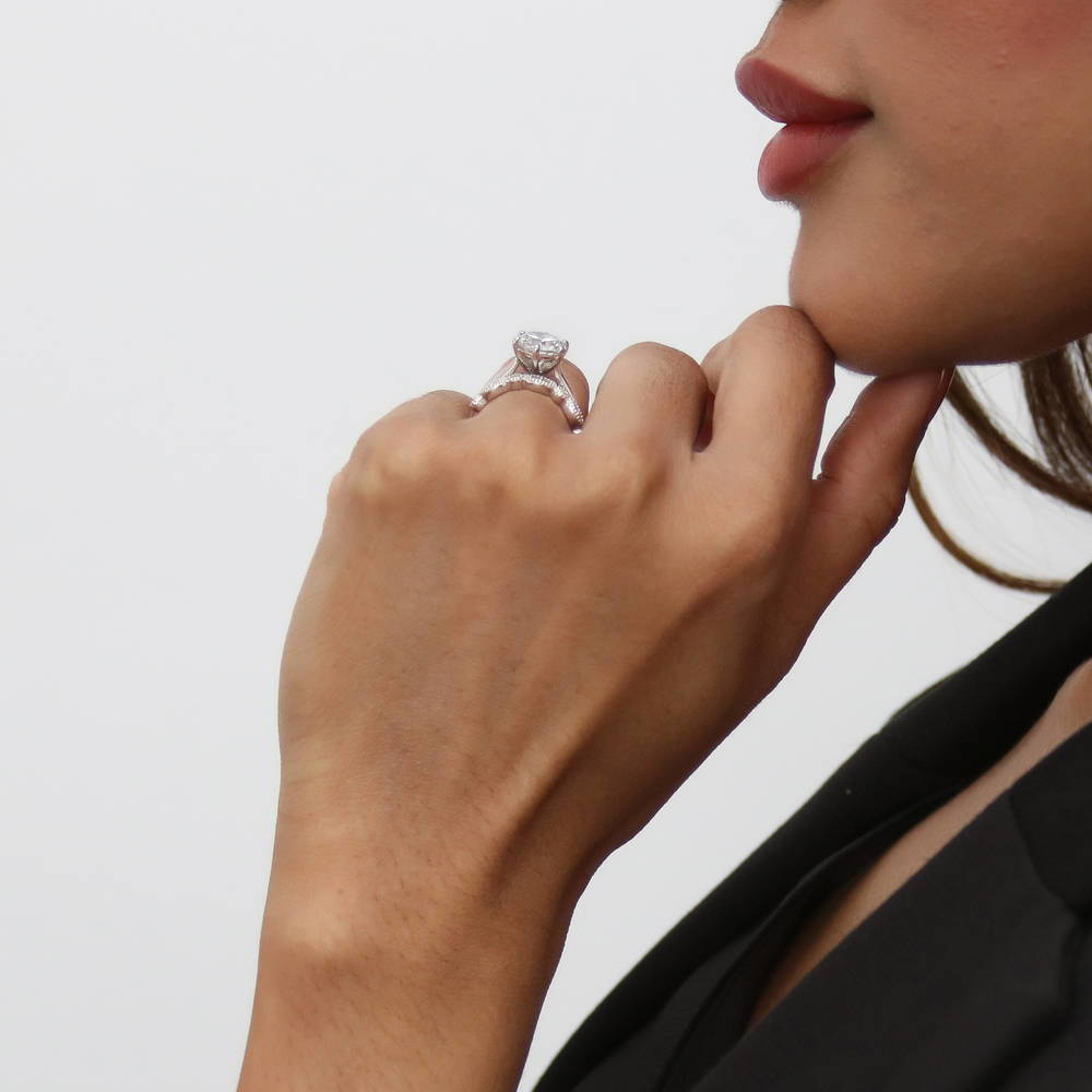 Model wearing Solitaire 2ct Round CZ Ring Set in Sterling Silver, 5 of 18