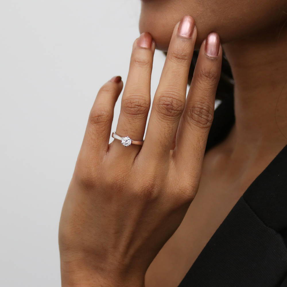 Model wearing Solitaire 0.45ct Round CZ Ring in Sterling Silver
