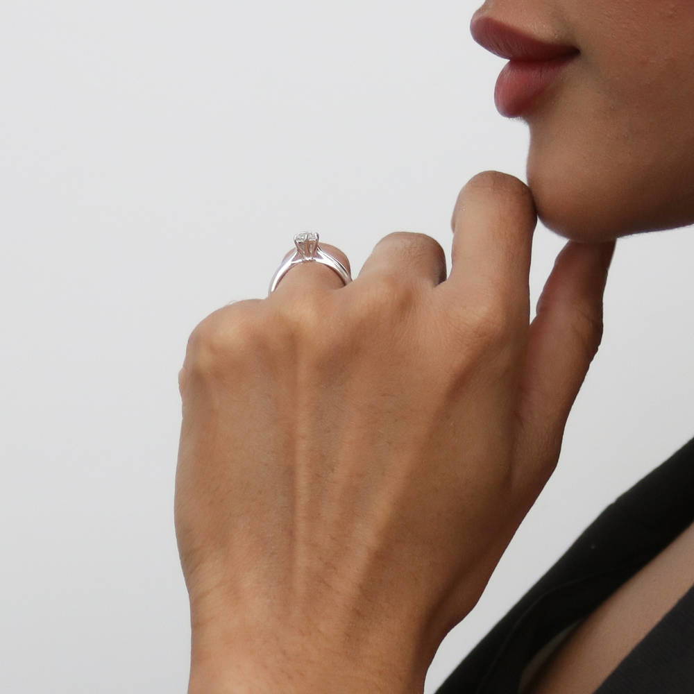 Model wearing Solitaire 0.45ct Round CZ Ring in Sterling Silver