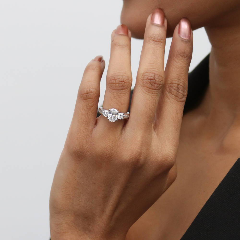 Model wearing 3-Stone Oval CZ Ring Set in Sterling Silver, 13 of 18