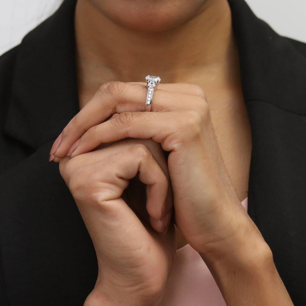 Model wearing 3-Stone Oval CZ Ring in Sterling Silver