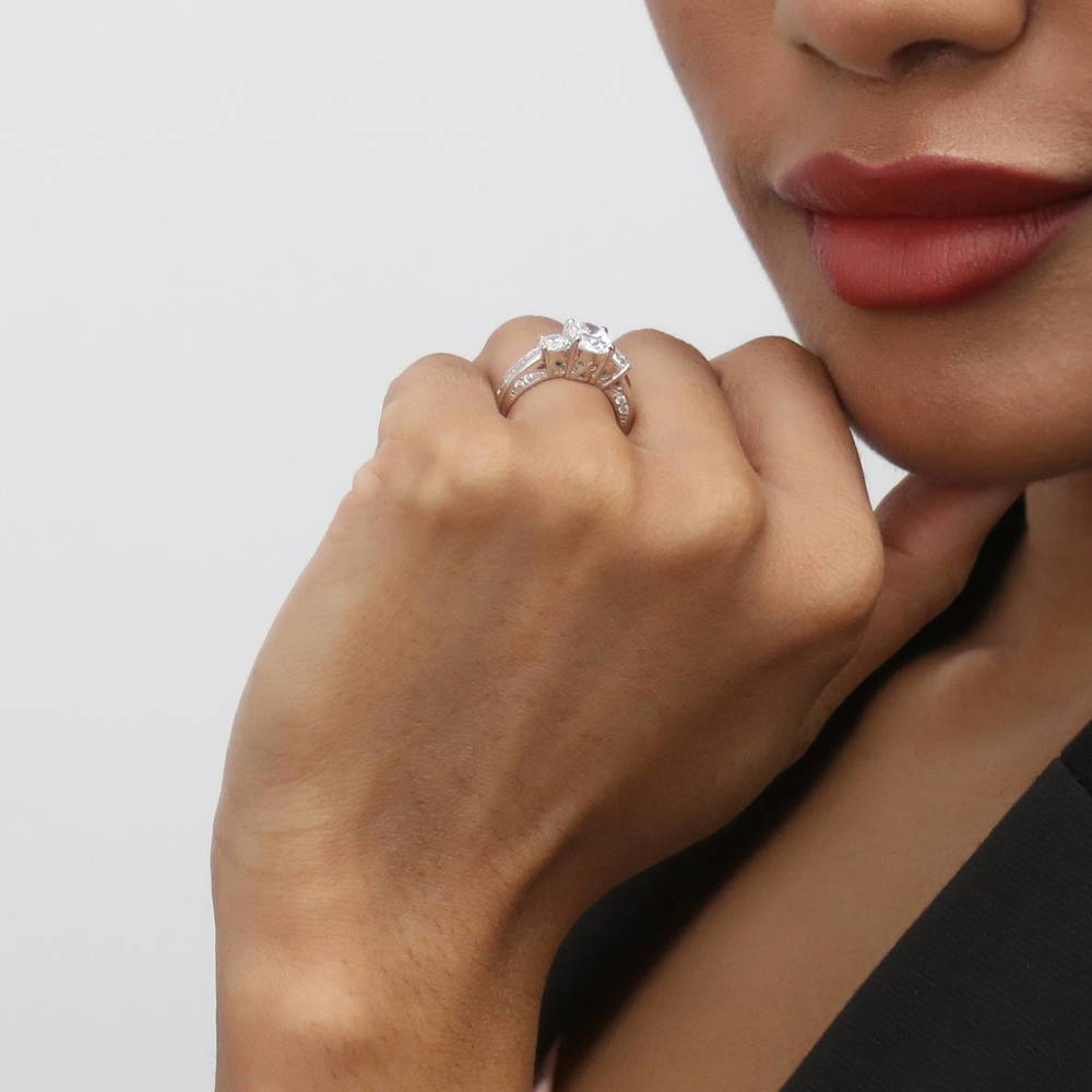 Model wearing 3-Stone Oval CZ Ring Set in Sterling Silver, 10 of 18