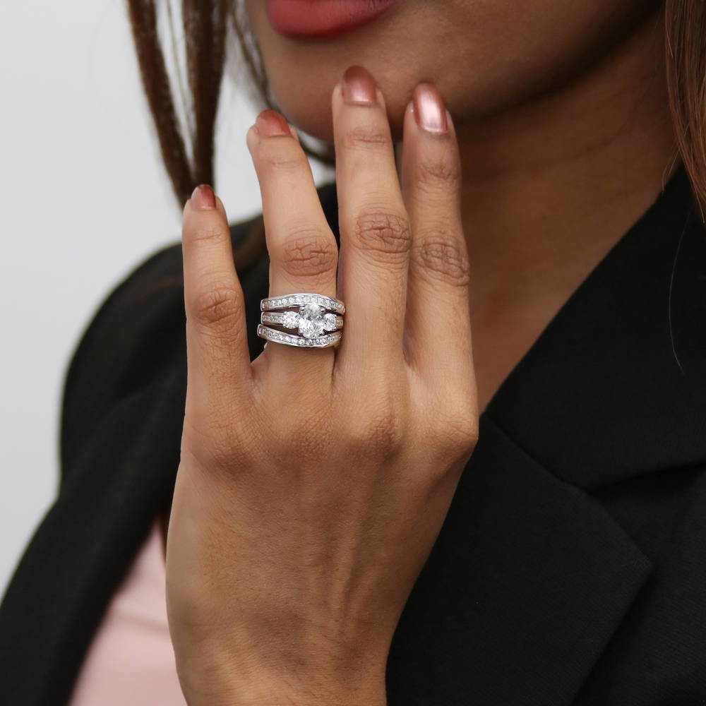 Model wearing 3-Stone Oval CZ Ring Set in Sterling Silver, 7 of 18