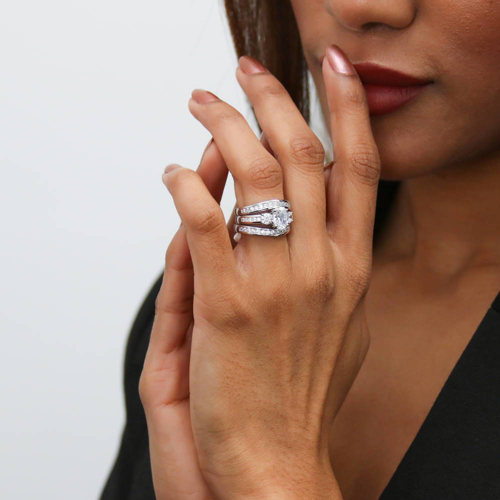 Model wearing 3-Stone Oval CZ Ring Set in Sterling Silver, 3 of 18